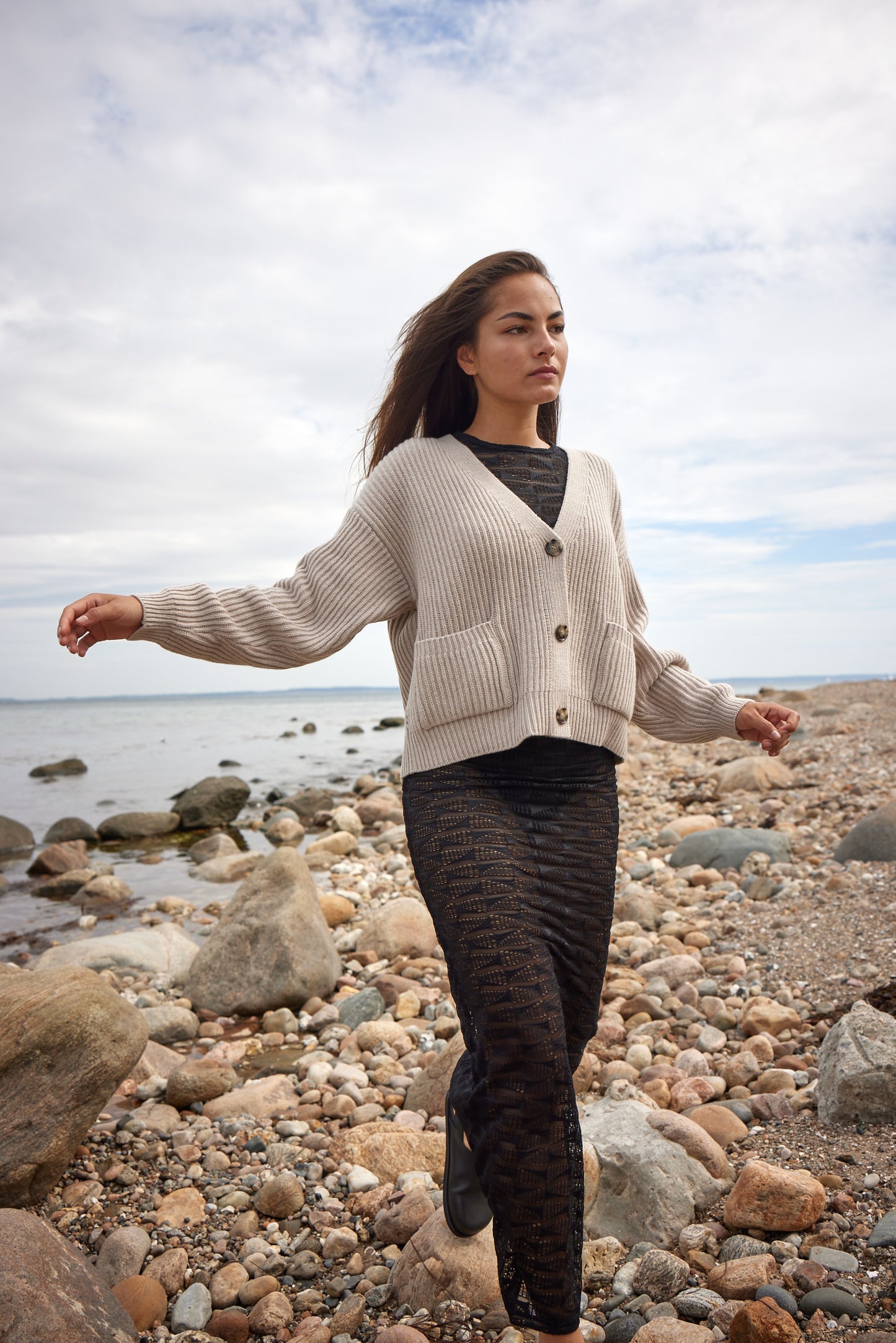 Maja - cashmere cardigan ribstikket recycle - Beige