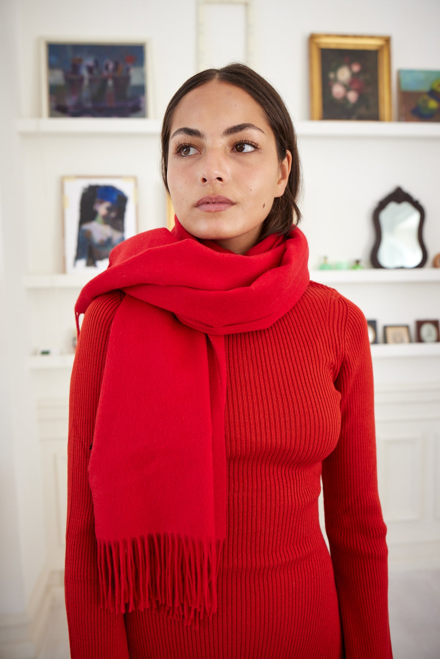 Kim 70 - Vævet kæmpetørklæde med frynser, 100% ren cashmere - Rød