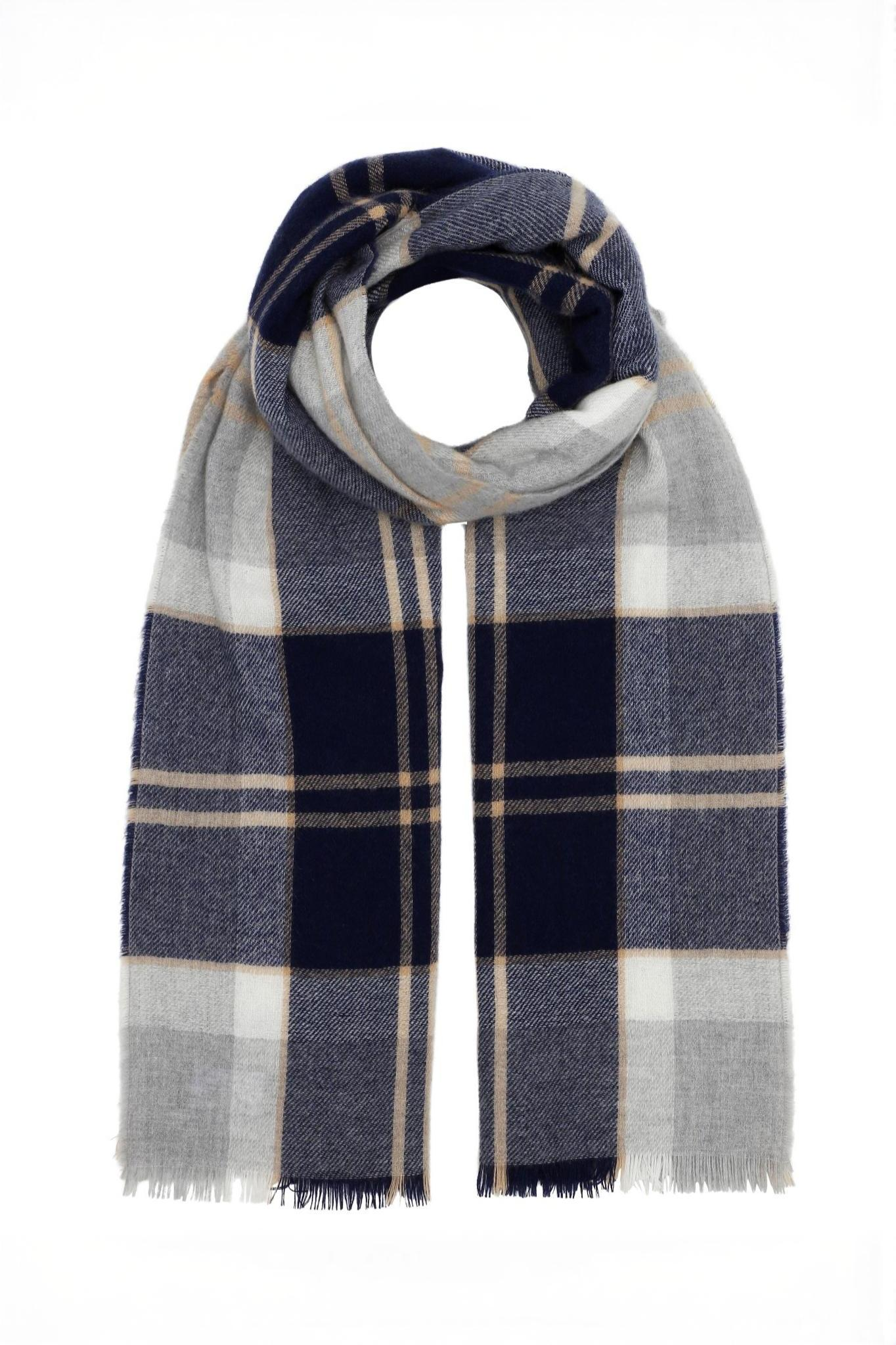 Vævet cashmere halstørklæde light weight, fra Skotland - Ternet Silver Grå og Blå