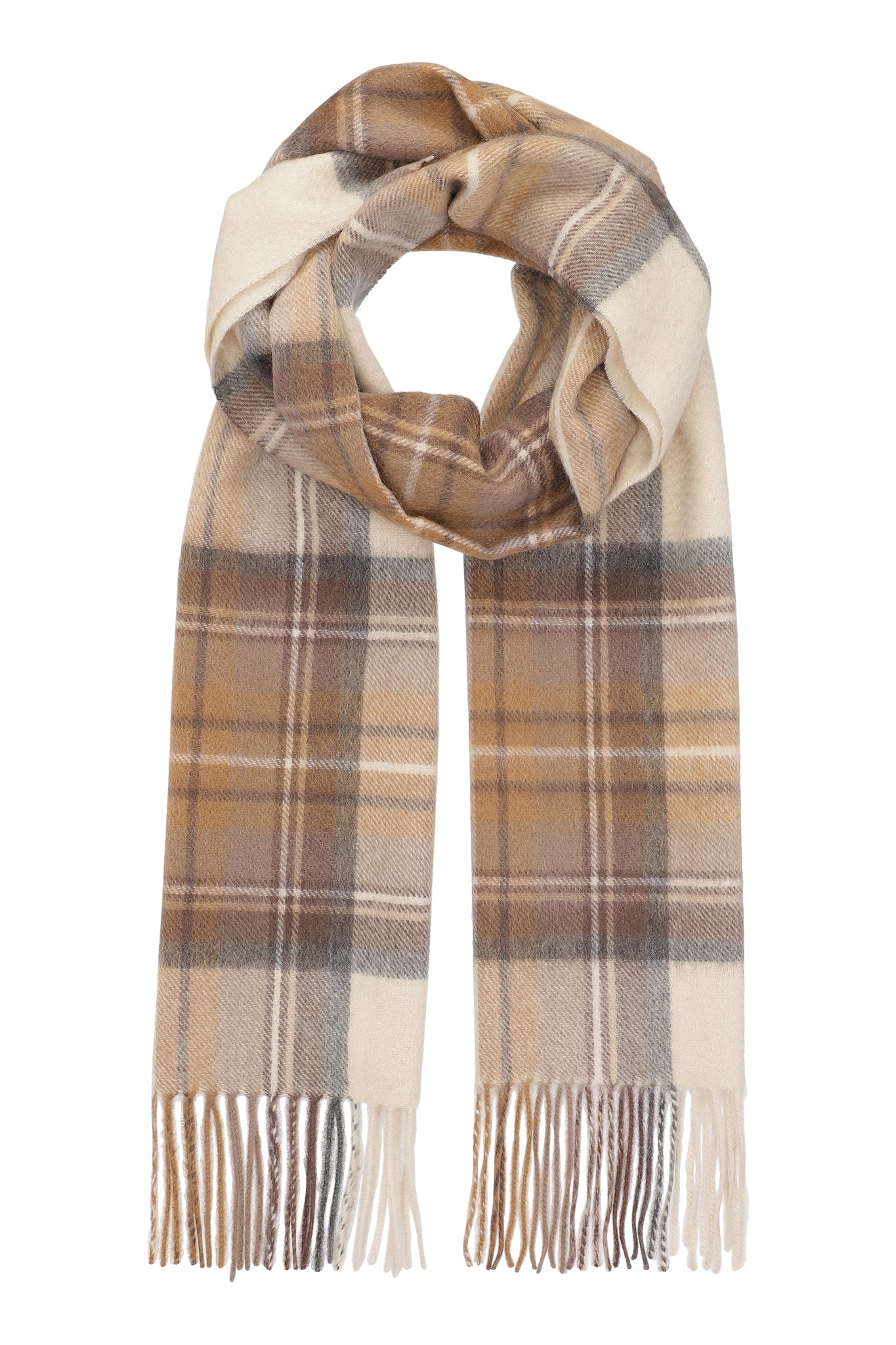 Kim 30 - Klassisk halstørklæde med frynser, 100% ren cashmere - Ternet Beige