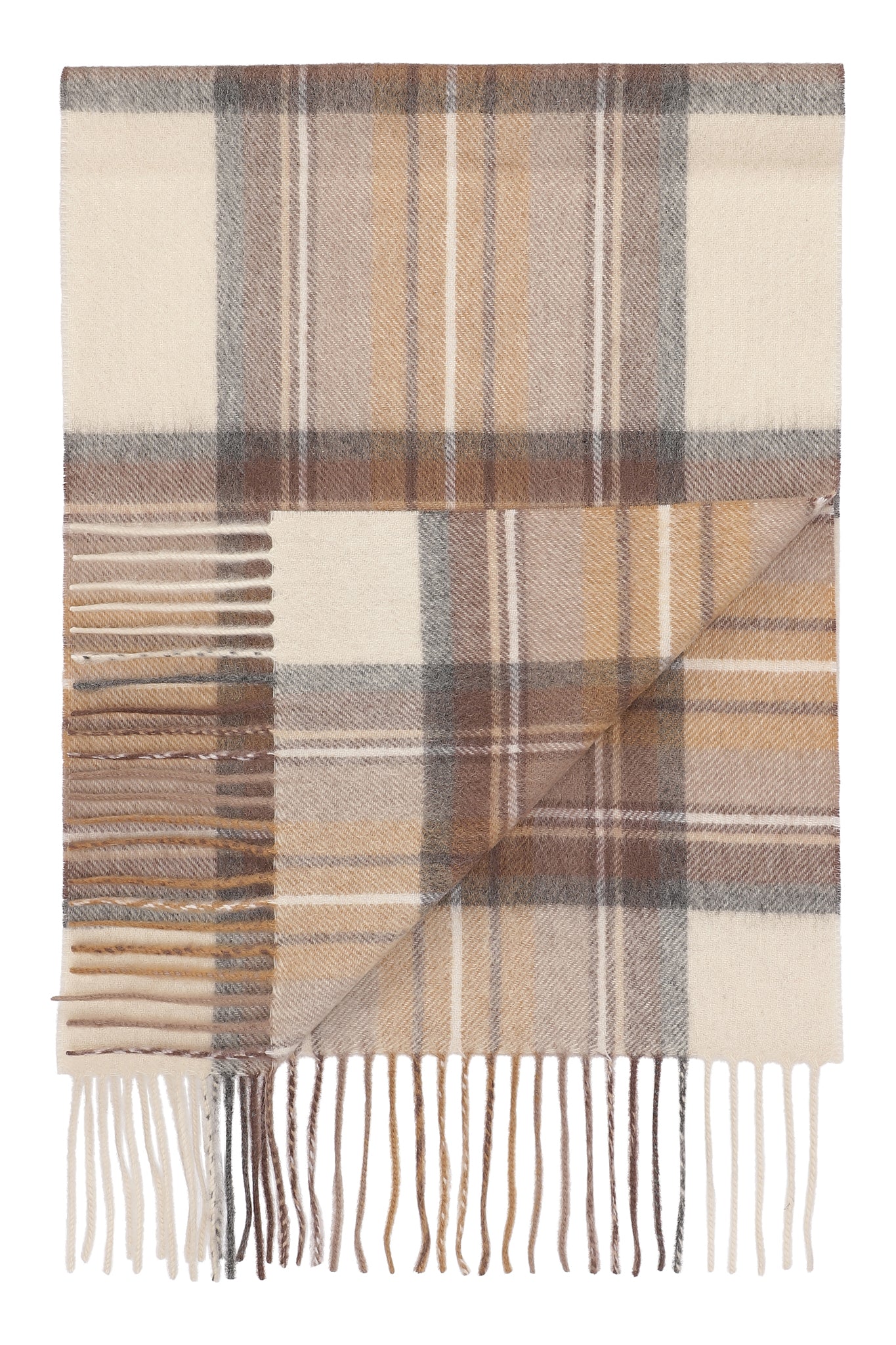 Kim 30 - Klassisk halstørklæde med frynser, 100% ren cashmere - Ternet Beige