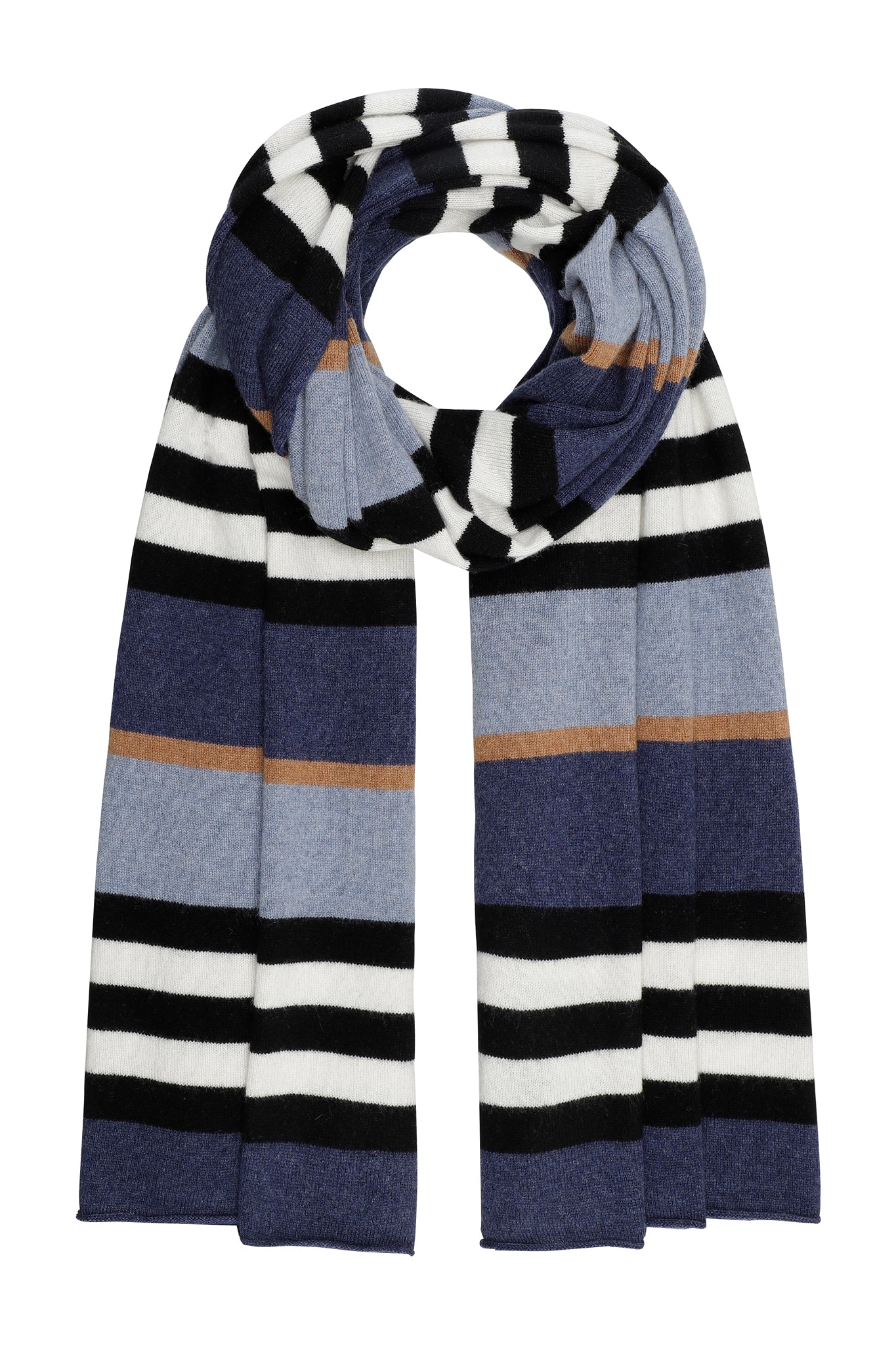 Dagmar - stribet kæmpetørklæde i cashmere - indigo, blå, kamel, sort & hvid