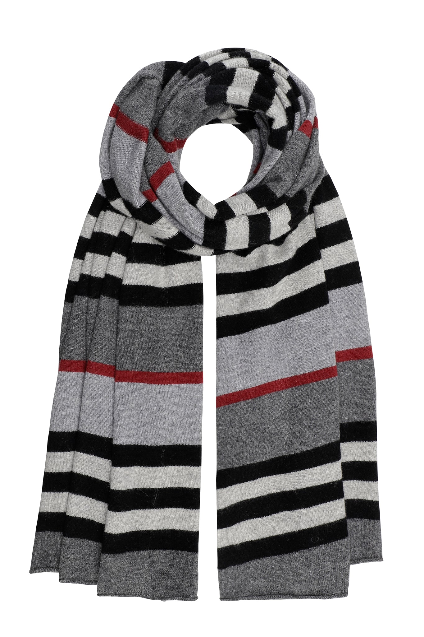 Dagmar - stribet kæmpetørklæde i cashmere - grå, sort & vinrød