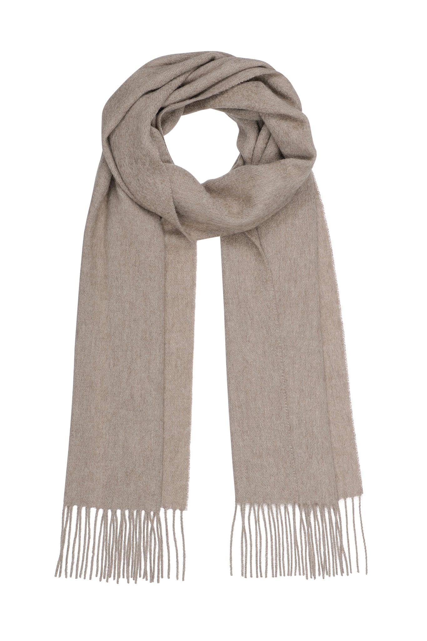 Sandfarvet kashmir tørklæde med frynser fra Danske Pure Cashmere.