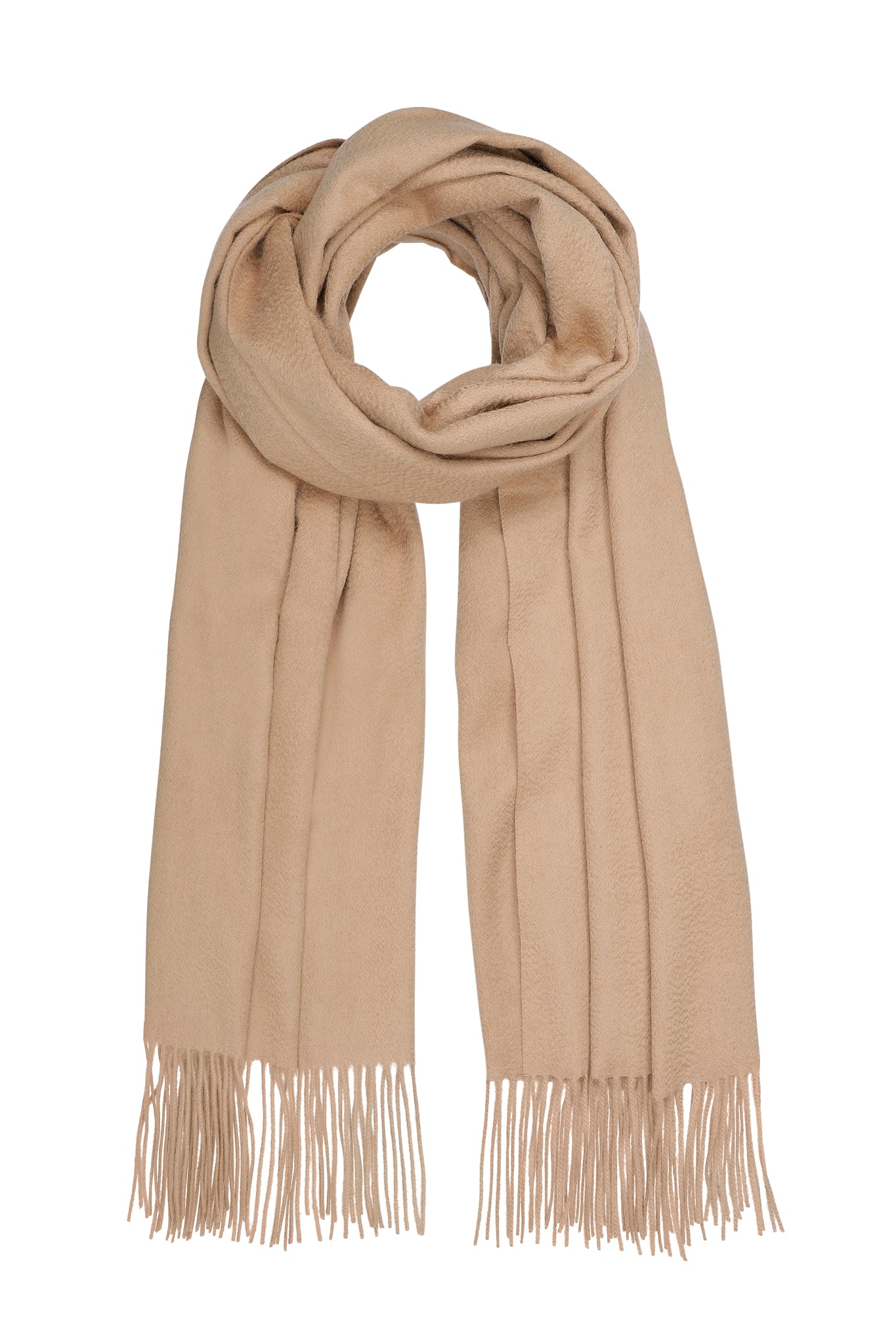 Stort klassisk halstørklæde med frynser, camel farvet, Pure Cashmere