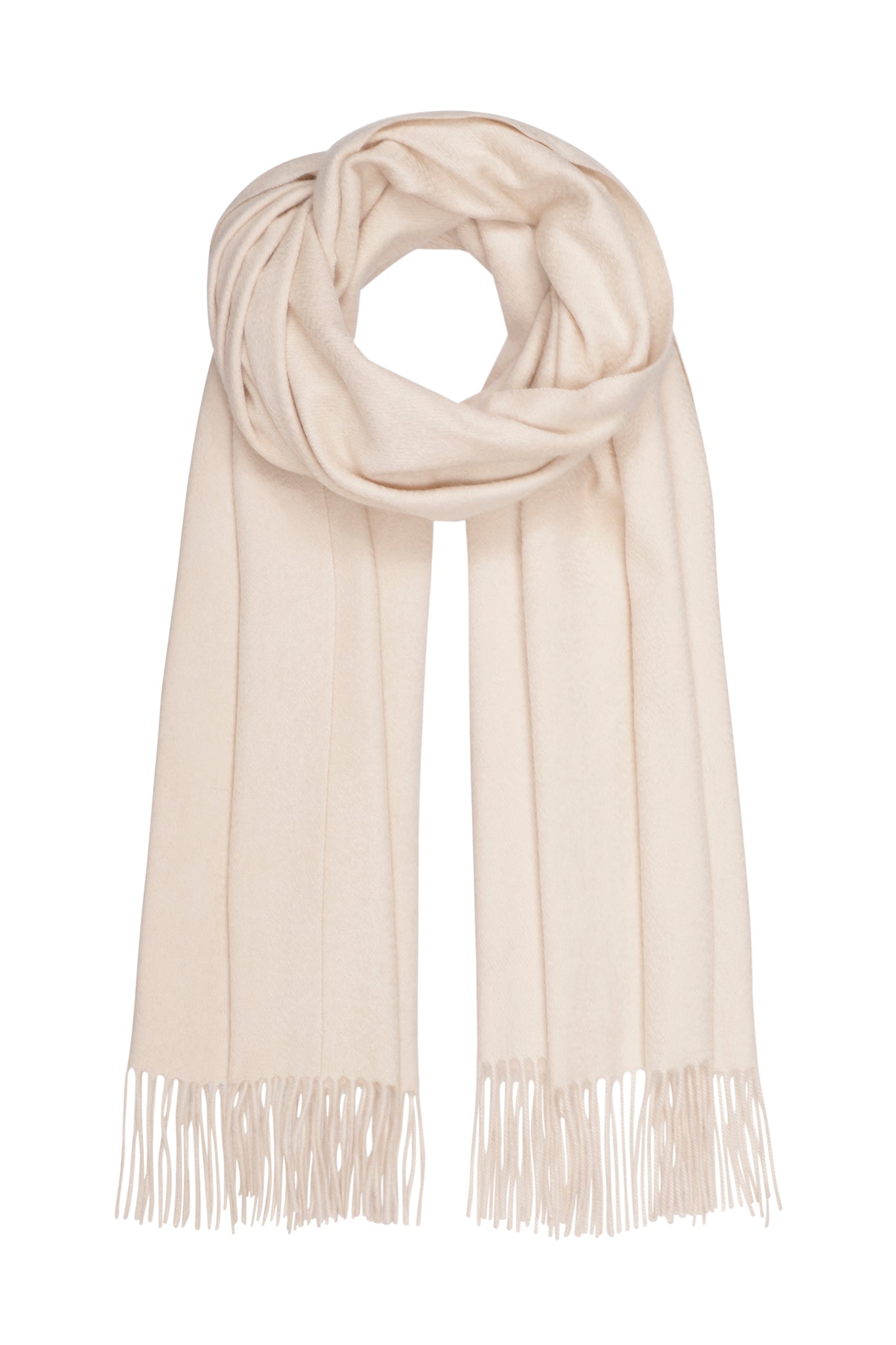 luksus kæmpe tørklæde i ren cashmere, lys beige, med frynser.