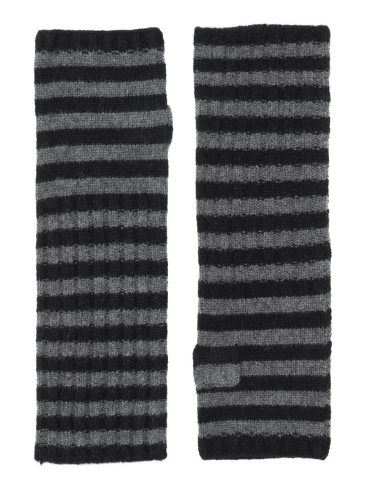 Robin -  håndledsvarmere (fingerløse vanter) i strikket cashmere - Sort og Mørkegrå Striber