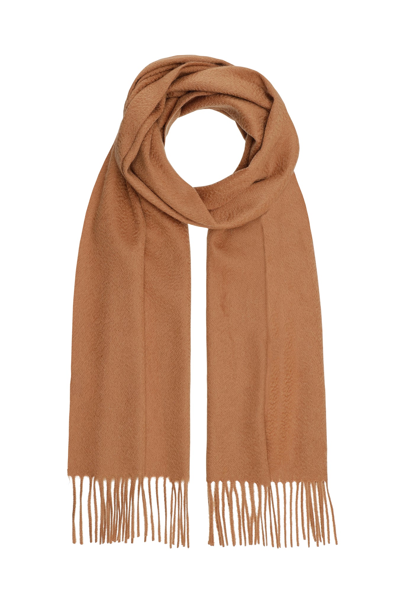 Kim 30 - Klassisk halstørklæde med frynser, 100% ren cashmere - Mørk Camel