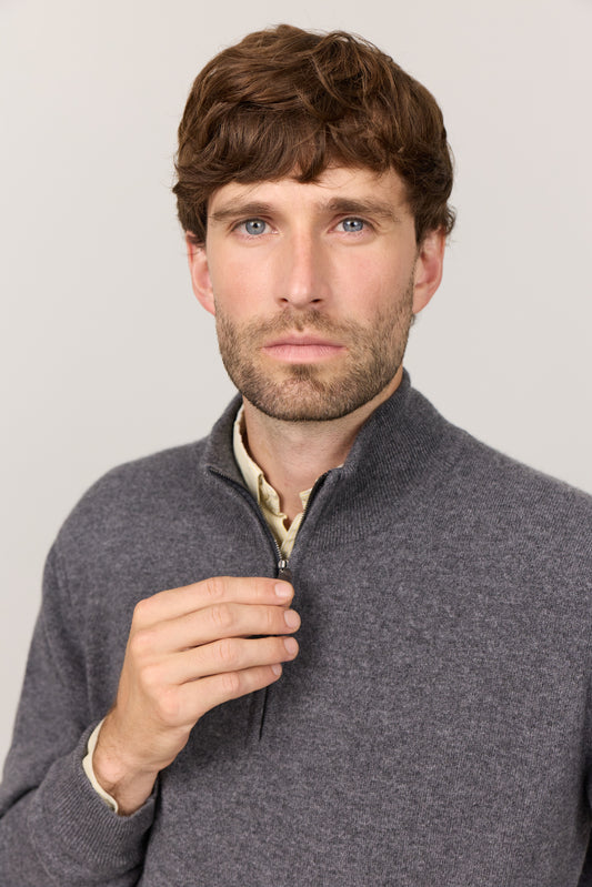 Mænd klassisk cashmere trøje med turtleneck og zip, Skotland - Mørk Grå