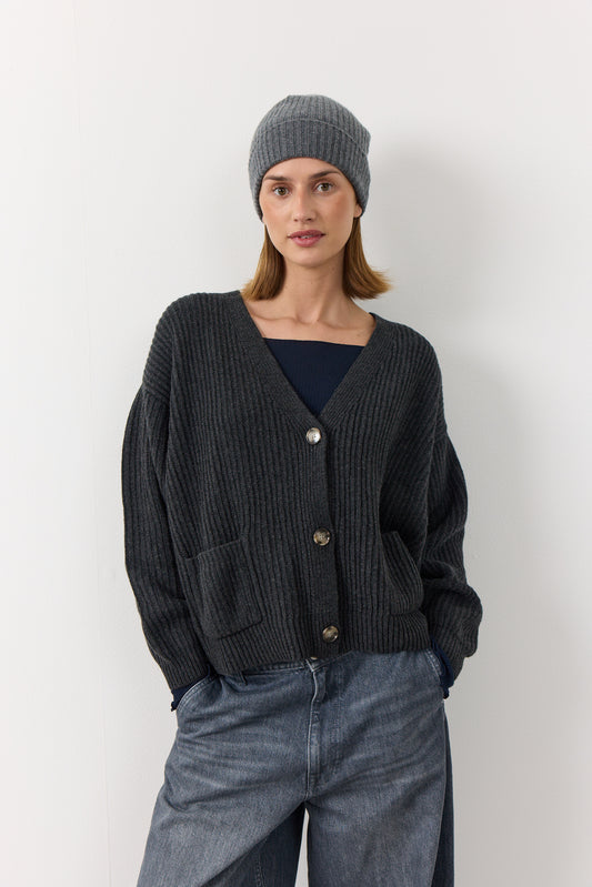 Maja - cashmere cardigan ribstikket recycle - Koksgrå