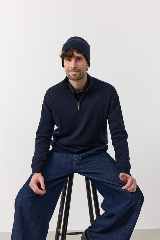 Mænd klassisk cashmere trøje med turtleneck og zip, Skotland - Dark Navy