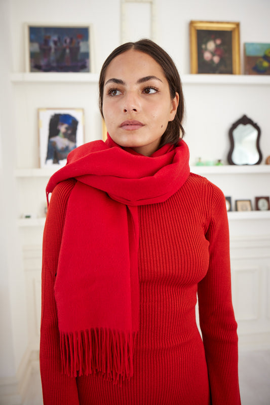 Kim 70 - Vævet kæmpetørklæde med frynser, 100% ren cashmere - Rød