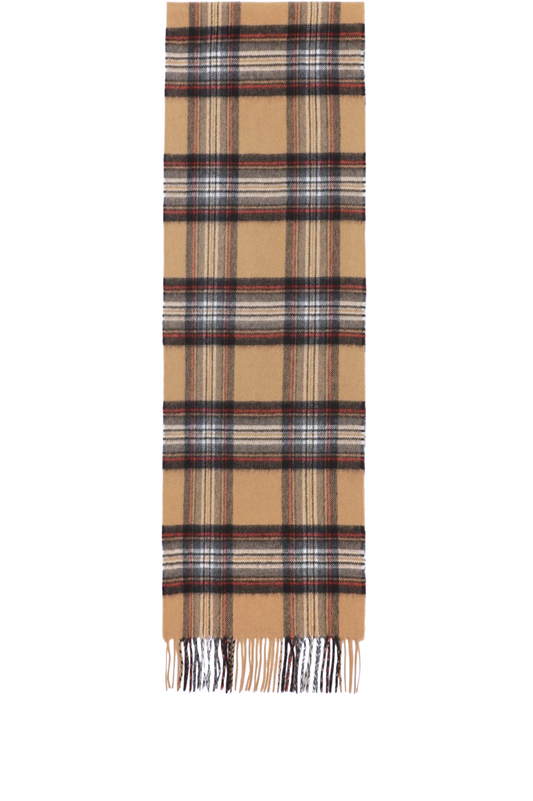 Klassisk vævet cashmere halstørklæde med frynser, fra Skotland - Ternet Camel