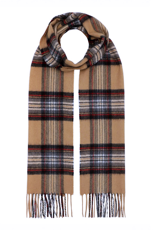 Klassisk vævet cashmere halstørklæde med frynser, fra Skotland - Ternet Camel