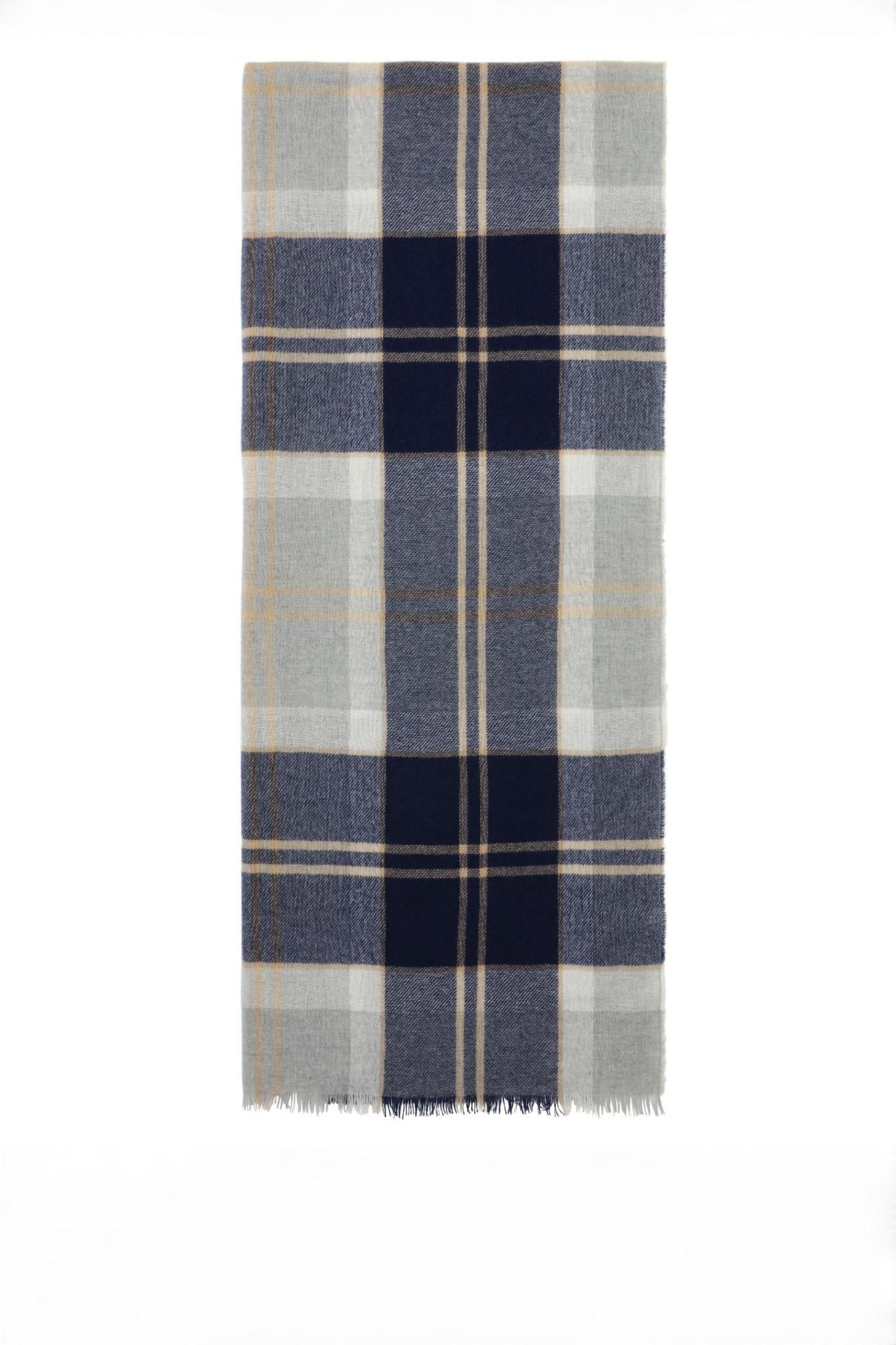 Vævet cashmere halstørklæde light weight, fra Skotland - Ternet Silver Grå og Blå