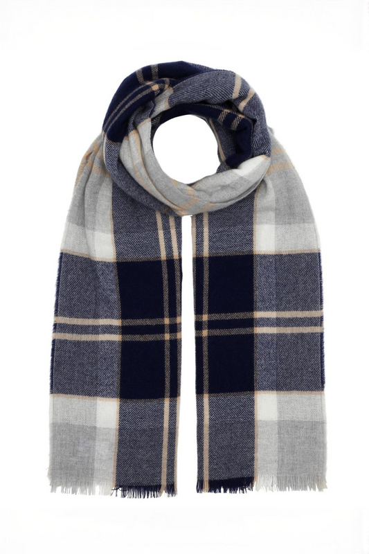 Vævet cashmere halstørklæde light weight, fra Skotland - Ternet Silver Grå og Blå