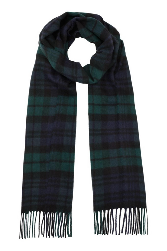 Klassisk vævet cashmere halstørklæde med frynser, fra Skotland - Ternet Black Watch