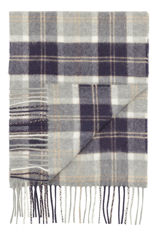 Klassisk vævet cashmere halstørklæde med frynser, fra Skotland - Ternet Sølv Grå og Blå