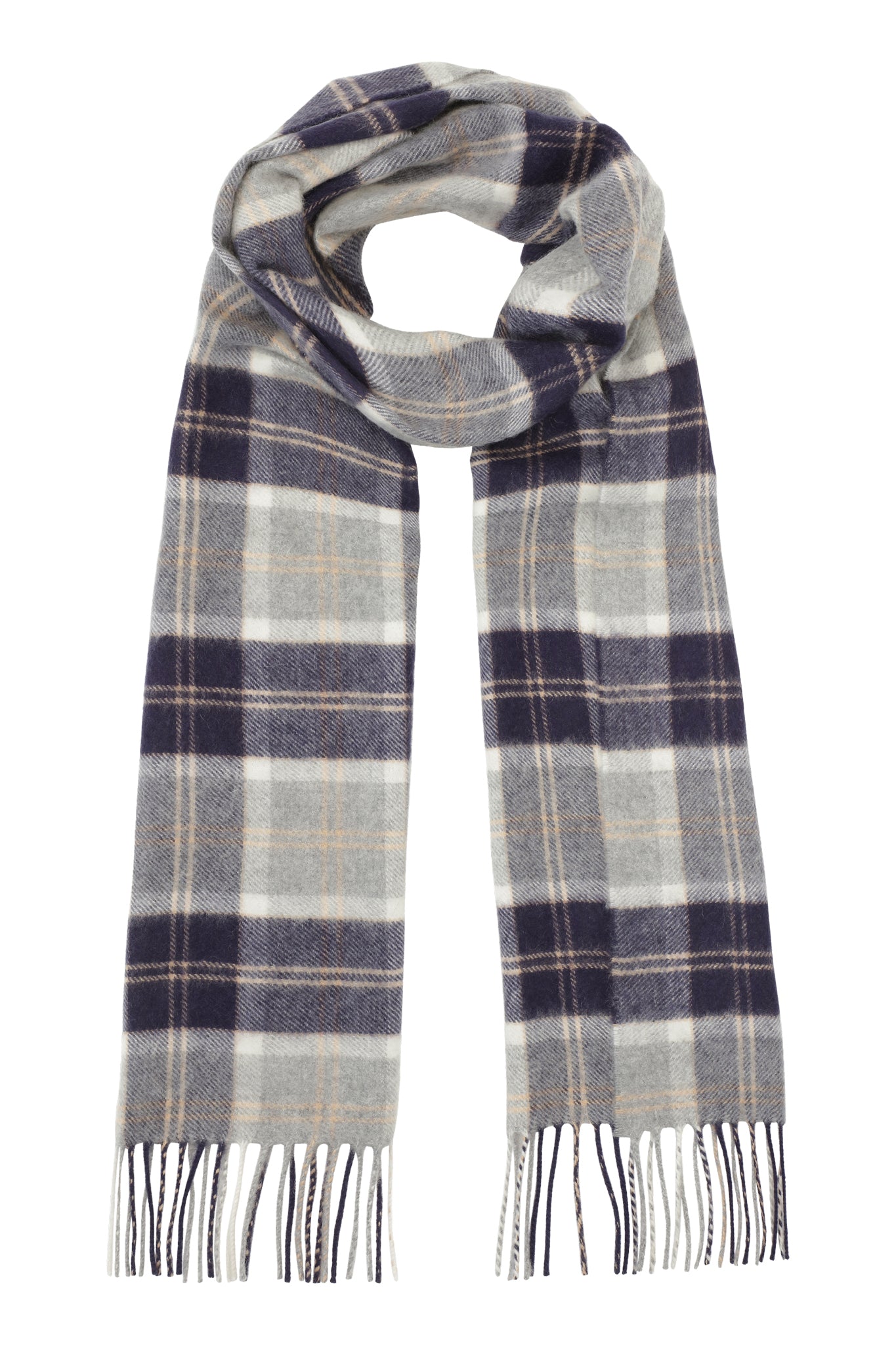 Klassisk vævet cashmere halstørklæde med frynser, fra Skotland - Ternet Sølv Grå og Blå