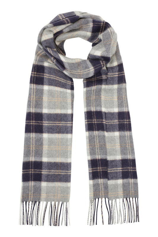 Klassisk vævet cashmere halstørklæde med frynser, fra Skotland - Ternet B37 Sølv Grå Blå