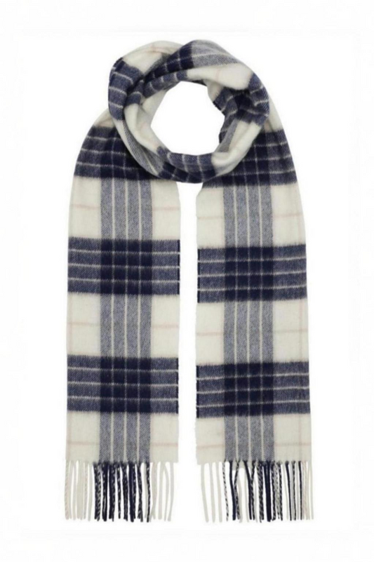 Klassisk vævet cashmere halstørklæde med frynser, fra Skotland - Ternet Hvid og Mørkeblå
