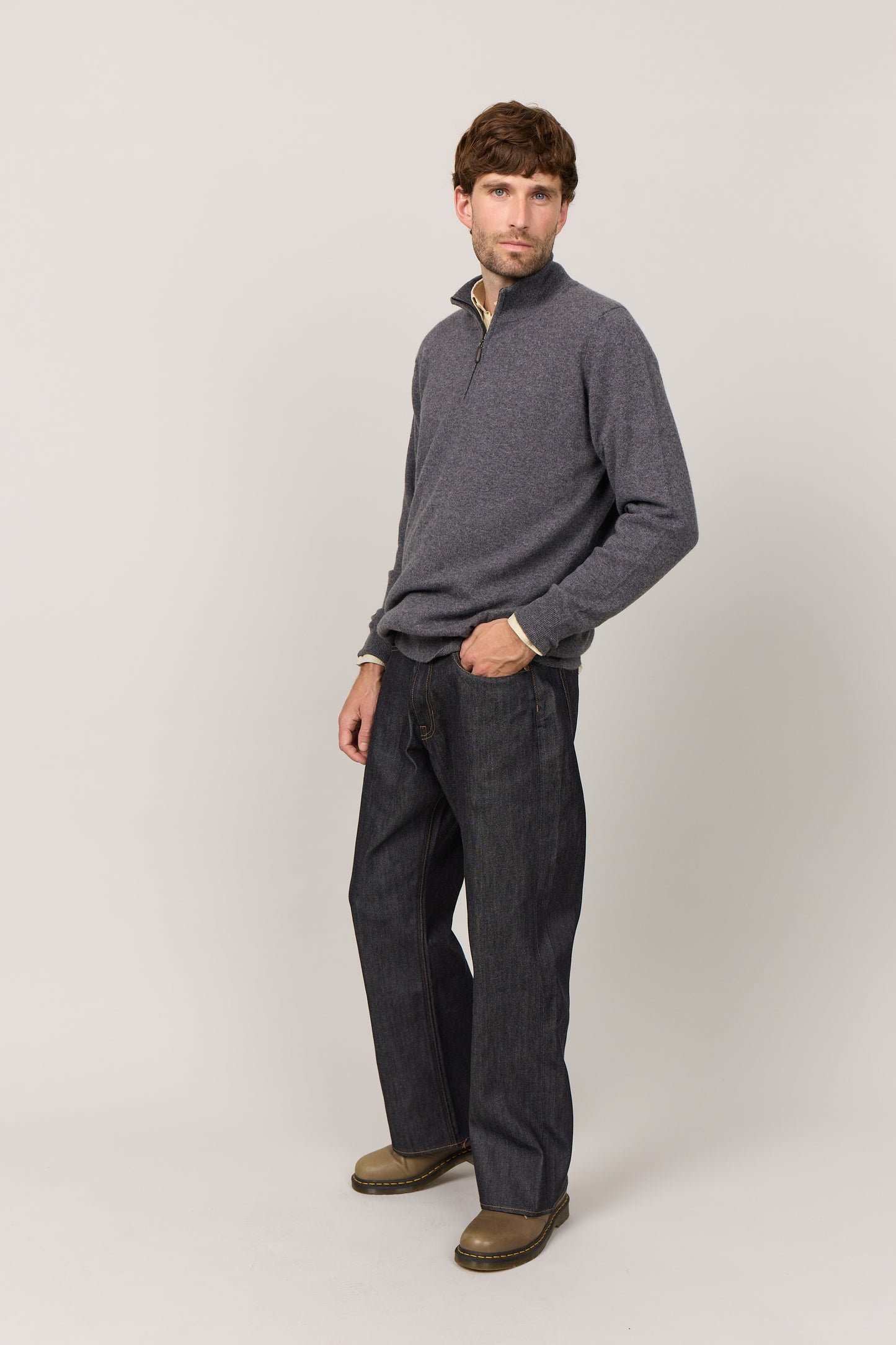 Mænd klassisk cashmere trøje med turtleneck og zip, Skotland - Mørk Grå