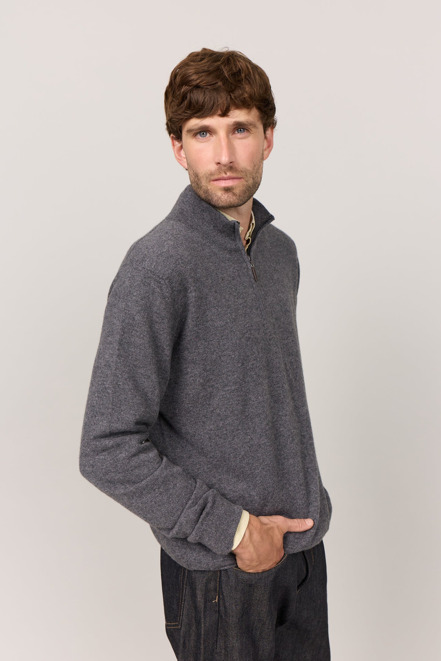Mænd klassisk cashmere trøje med turtleneck og zip, Skotland - Mørk Grå