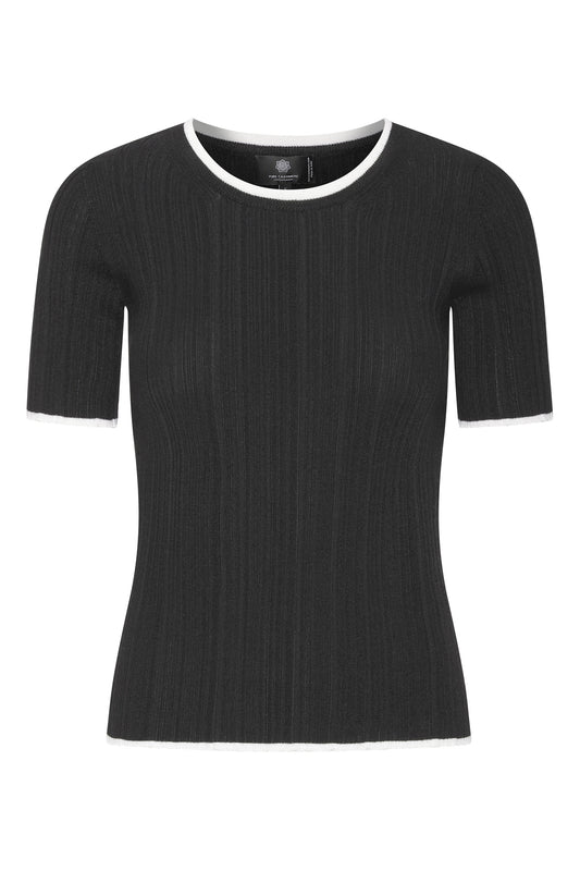 Klassisk ribstrikket tee i cashmere, sort trøje med hvide kanter