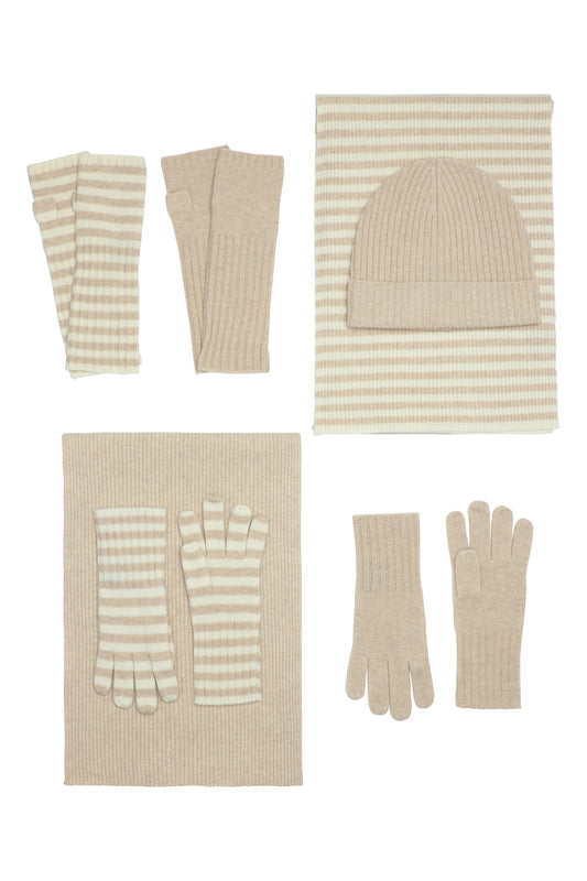 Robin - Handsker med striber i strikket cashmere - Beige og Cremehvid