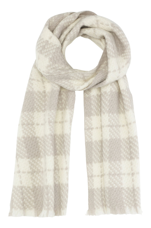 Boucle Halstørklæde i 100% ren cashmere - Ternet cremehvid og lysegrå/beige