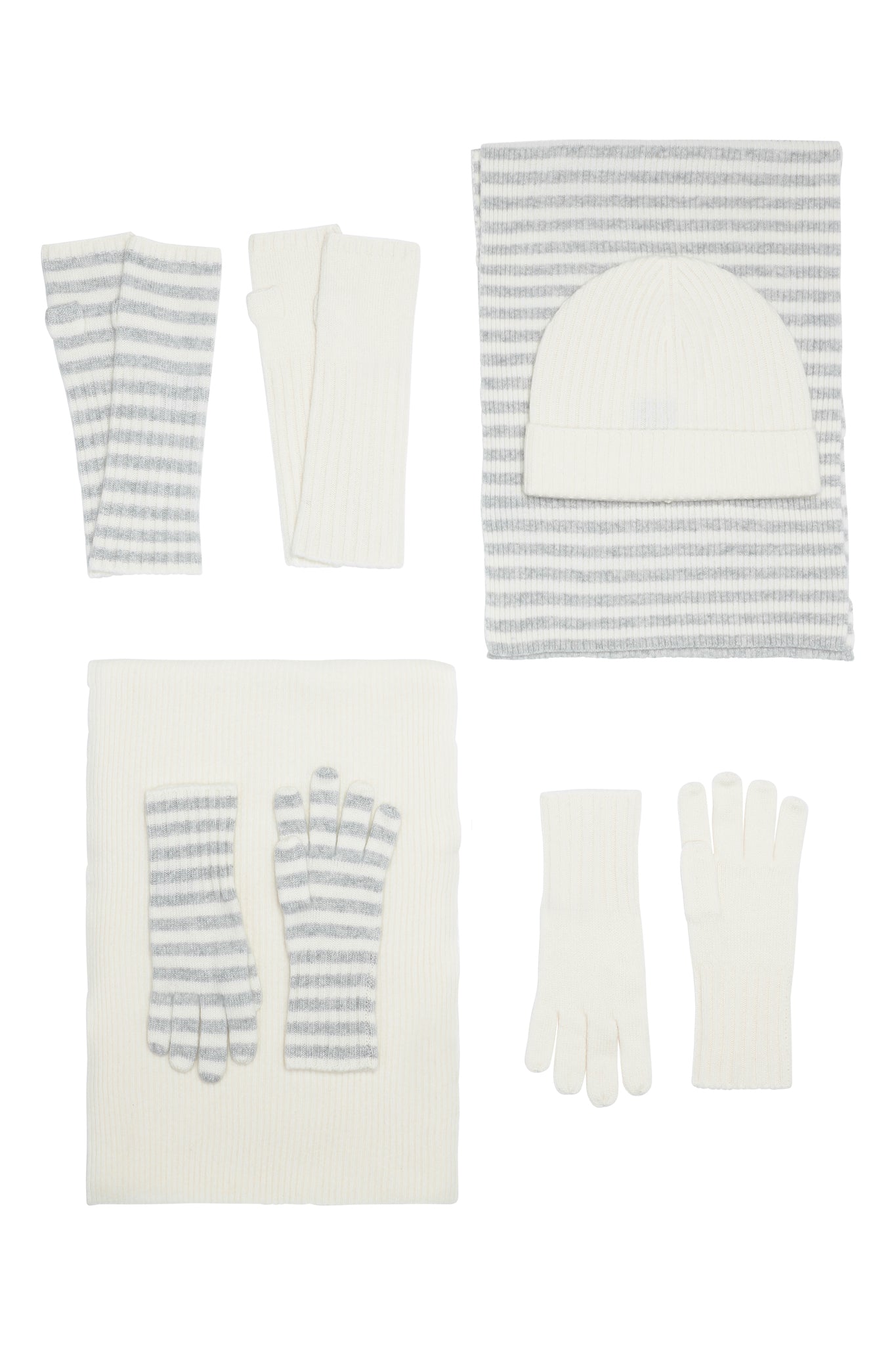 Robin - håndledsvarmere (fingerløse vanter) i strikket cashmere - Lysegrå og Hvid