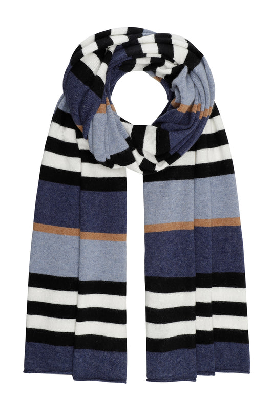 Dagmar - stribet kæmpetørklæde i cashmere - indigo, blå, kamel, sort & hvid