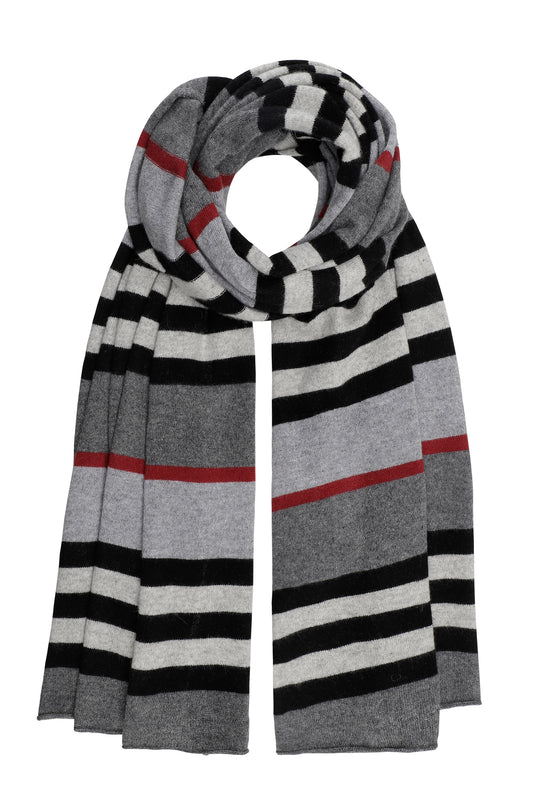 Dagmar - stribet kæmpetørklæde i cashmere - grå, sort & vinrød