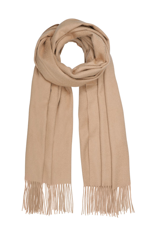 Stort klassisk halstørklæde med frynser, camel farvet, Pure Cashmere