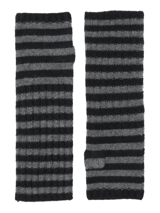 Robin -  håndledsvarmere (fingerløse vanter) i strikket cashmere - Sort og Mørkegrå Striber