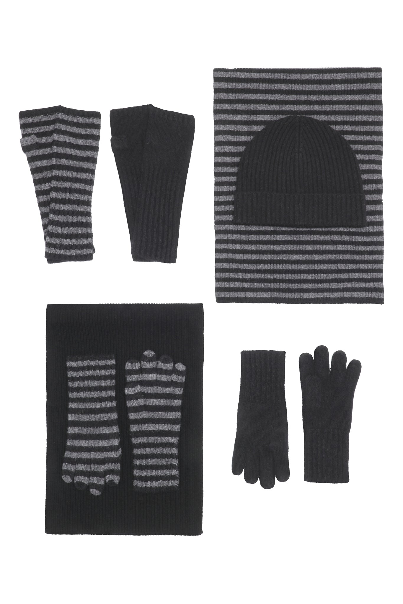 Robin -  håndledsvarmere (fingerløse vanter) i strikket cashmere - Sort og Mørkegrå Striber